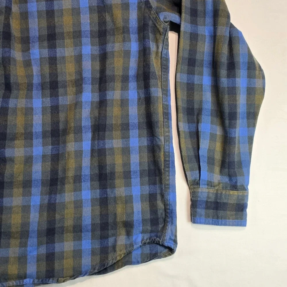 Smiths Workwear Mens Large‎ Flannel Shirt Blue Olive Green Plaid Long Sleeve L
